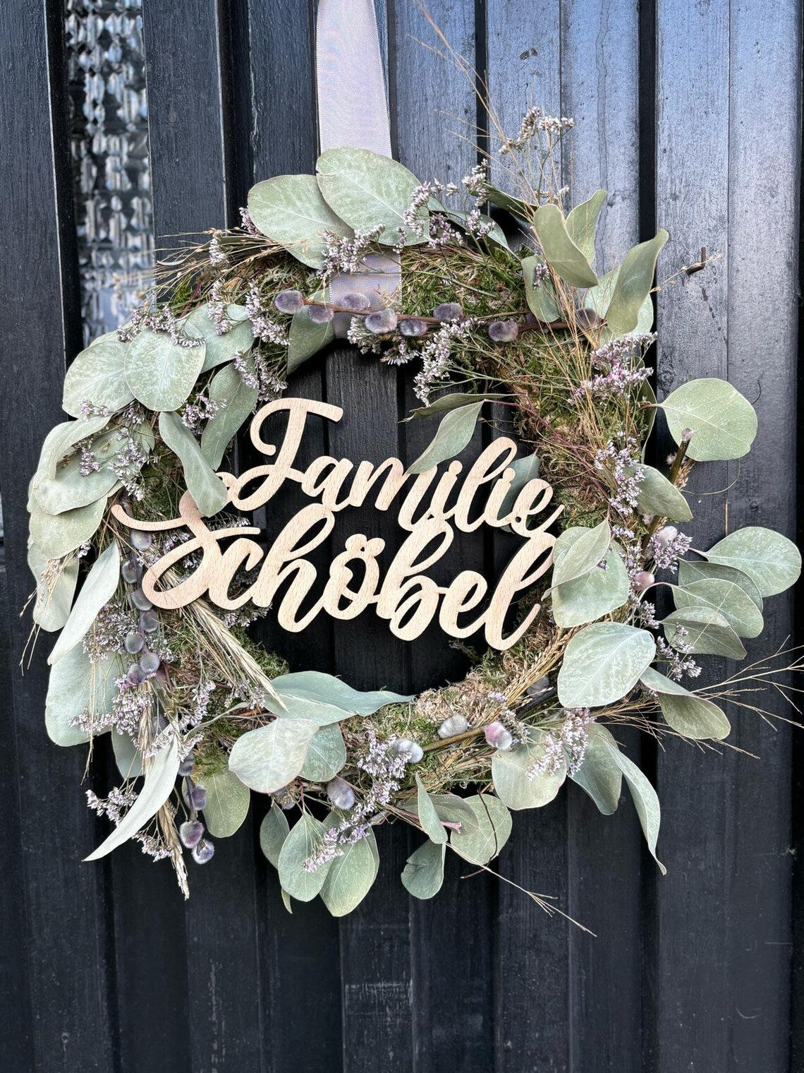 Türschild Familienname für einen Kranz, Namensschild