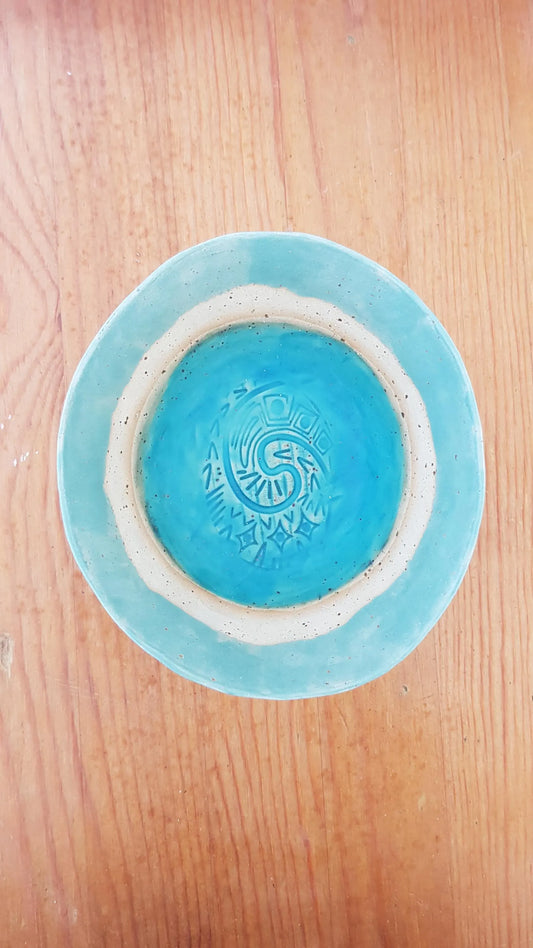 Tonschale, Vaiana Symbol, Keramikschale, Ton, Keramik, Schale, lasiert, Türkis, beige, rund, handgemacht, Unikat, natürlich, Einzelstück